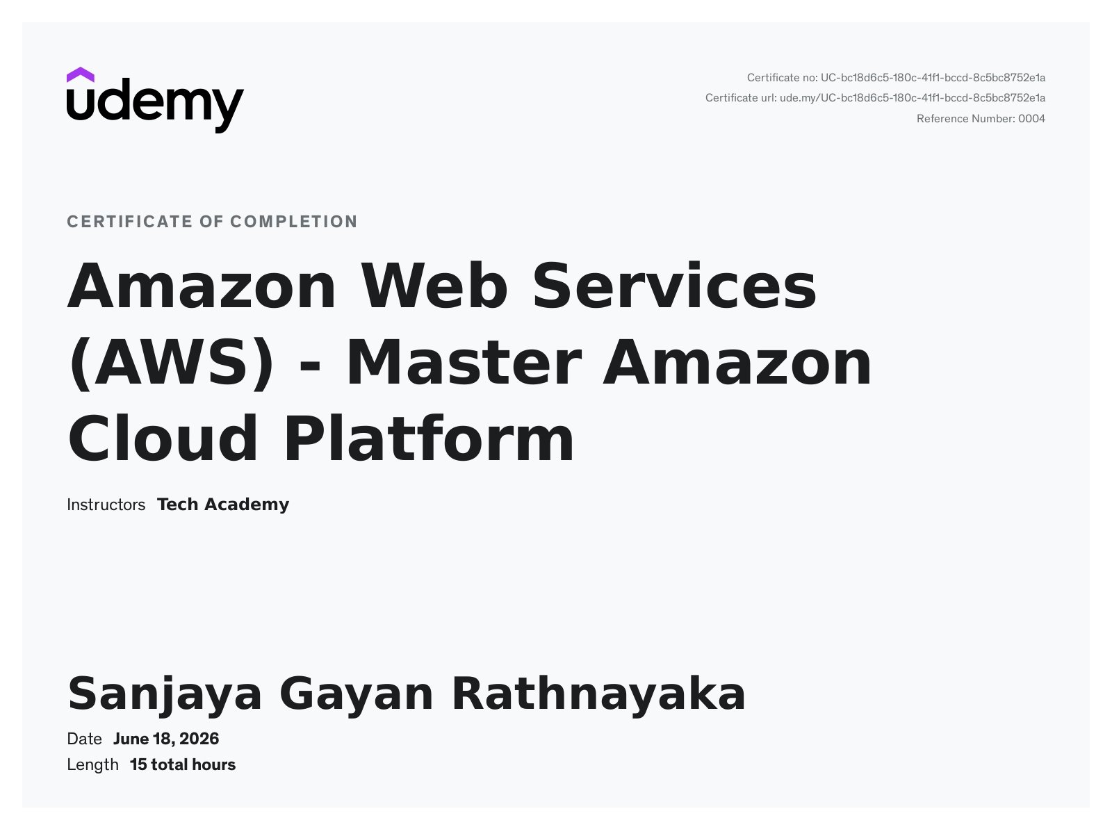AWS - Master Certificate - Sanjaya Gayan