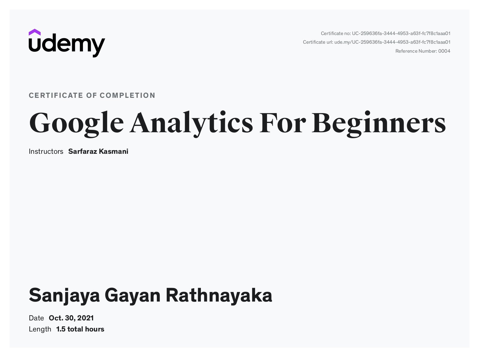 Google Analytics Certificate - Sanjaya Gayan